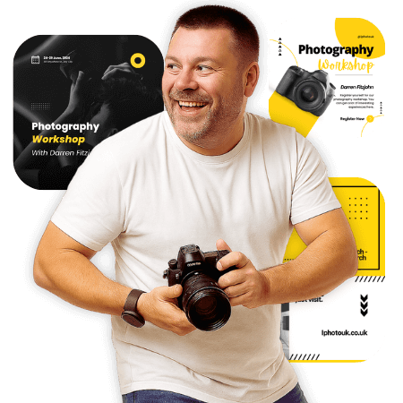 Man holding a camera with promotional graphics for a photography workshop in the background