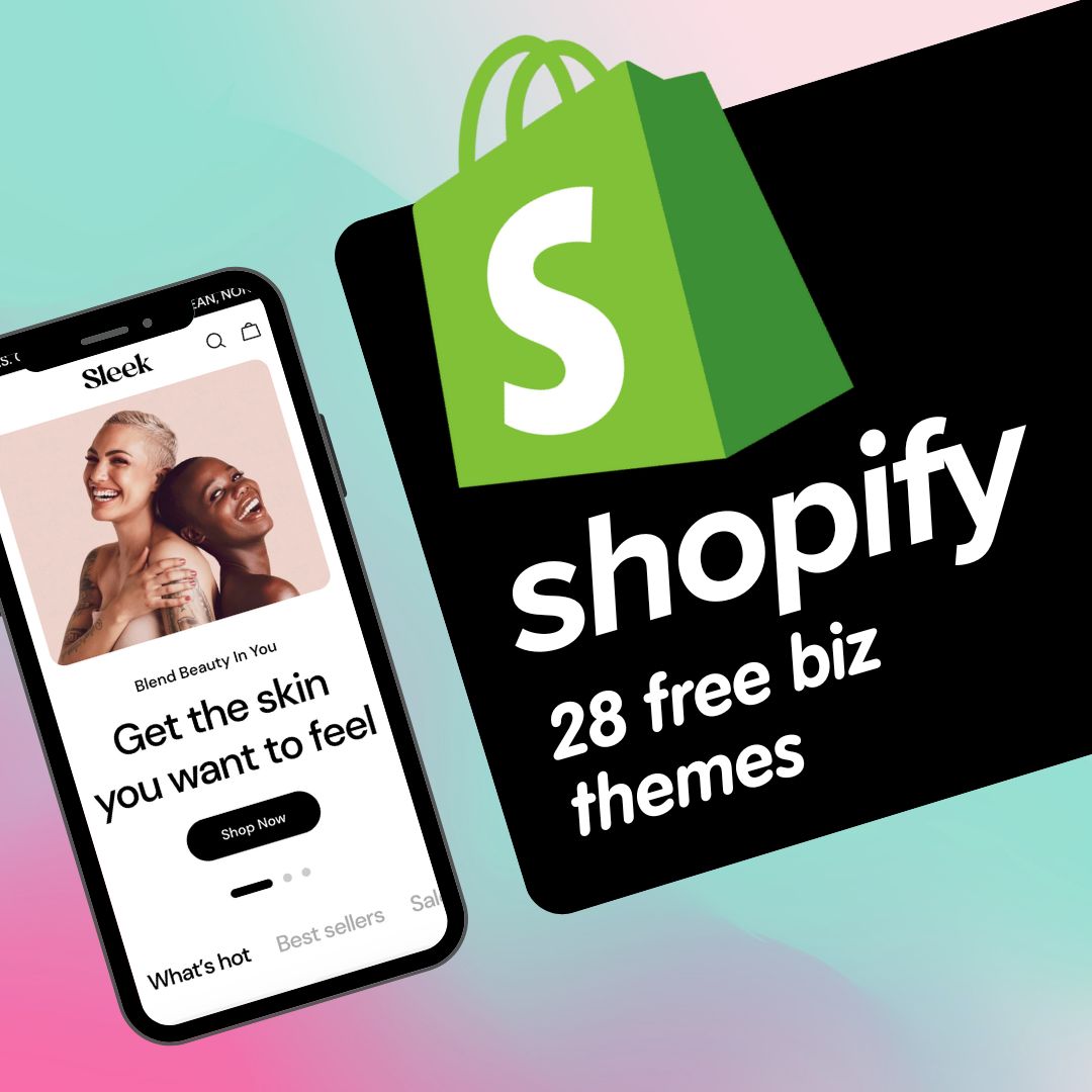 Smartphone displaying a Shopify theme on a colorful gradient background with Shopify logo.