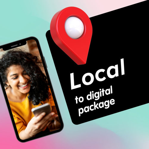 Phone with a woman using a phone app, red location pin, and 'Local to digital package' text on a gradient background.