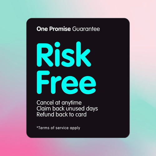 Promotional text about a 'One Promise Guarantee' with a risk-free cancellation policy on a gradient background.