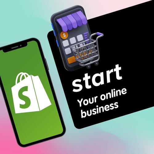 Smartphone with Shopify logo, calculator, and shopping cart icon on a gradient background with 'start your online business' text.